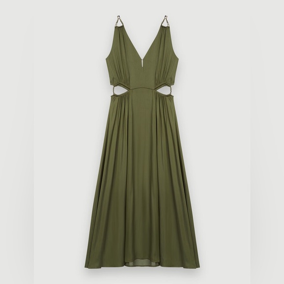 SIZE 34 MAJE KHAKI SATIN LONG STRAIGHT-CUT DRESS WITH OPENWORK AT THE WAIST 👗 - Picture 1 of 11